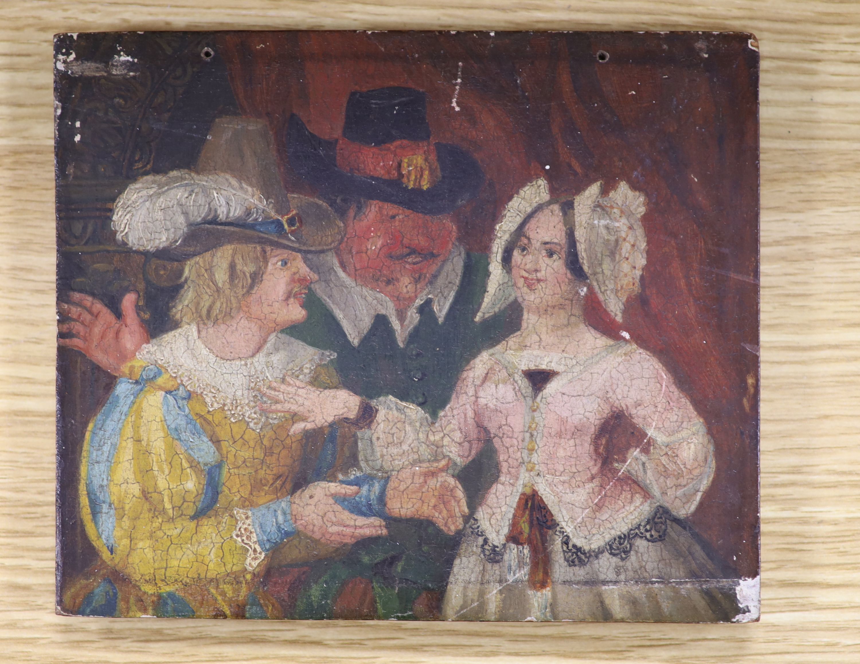 19th century English School, oil on panel, 17th century figures conversing, 14 x 17cm, unframed